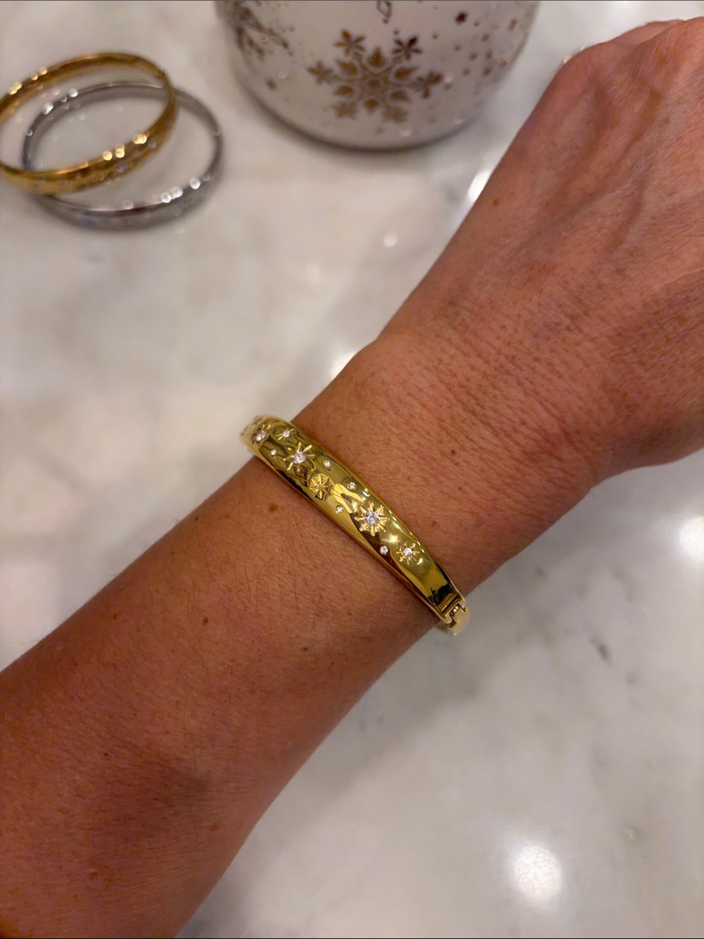 Gold Floral Starburst Hinged Bangle Bracelet by